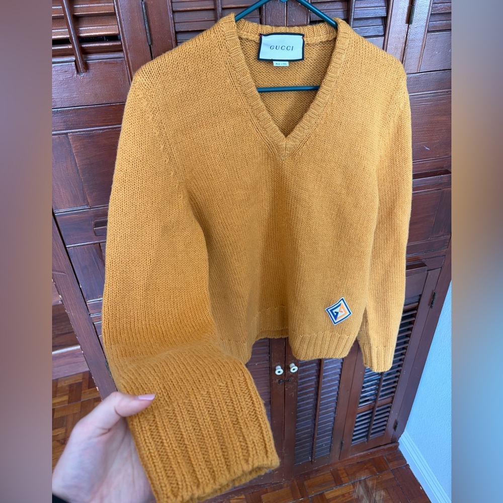 Gucci Mustard Yellow V-Neck Wool Sweater